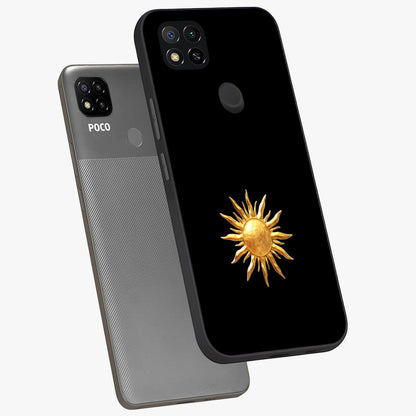 Golden Sun Minimalism Glass Case displayed in angled mockup highlighting clean sun symbol design with modern minimal aesthetic.