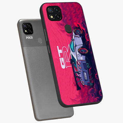 GT-R Car Pattern Glass Case displayed in angled mockup highlighting racing car graphic design with bold automotive aesthetic.