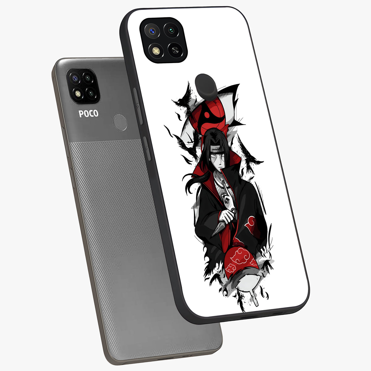Itachi Sharingan Glass Case displayed in angled mockup highlighting striking sharingan eye design with dramatic anime aesthetic.