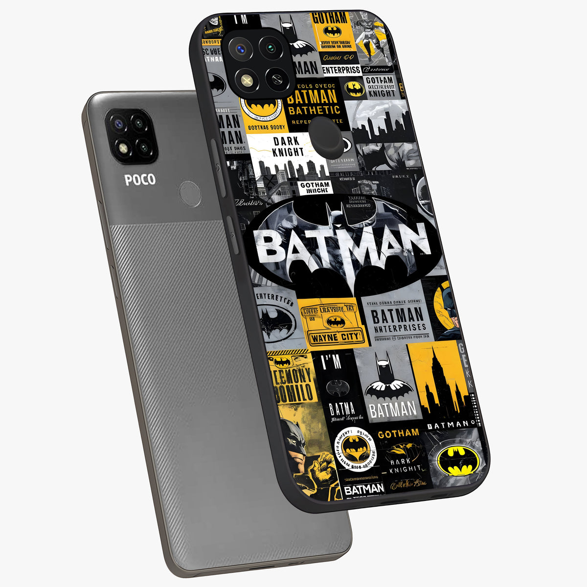 Knight Gotham Rise Glass Case displayed in angled mockup highlighting powerful knight silhouette design with dramatic aesthetic.