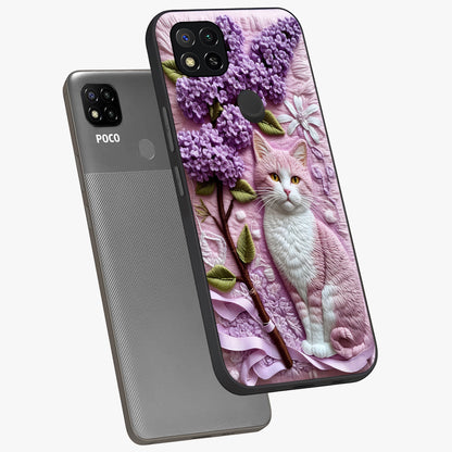 Lavender Cat Whimsy Glass Case displayed in angled mockup highlighting playful feline illustration with pastel lavender aesthetic.