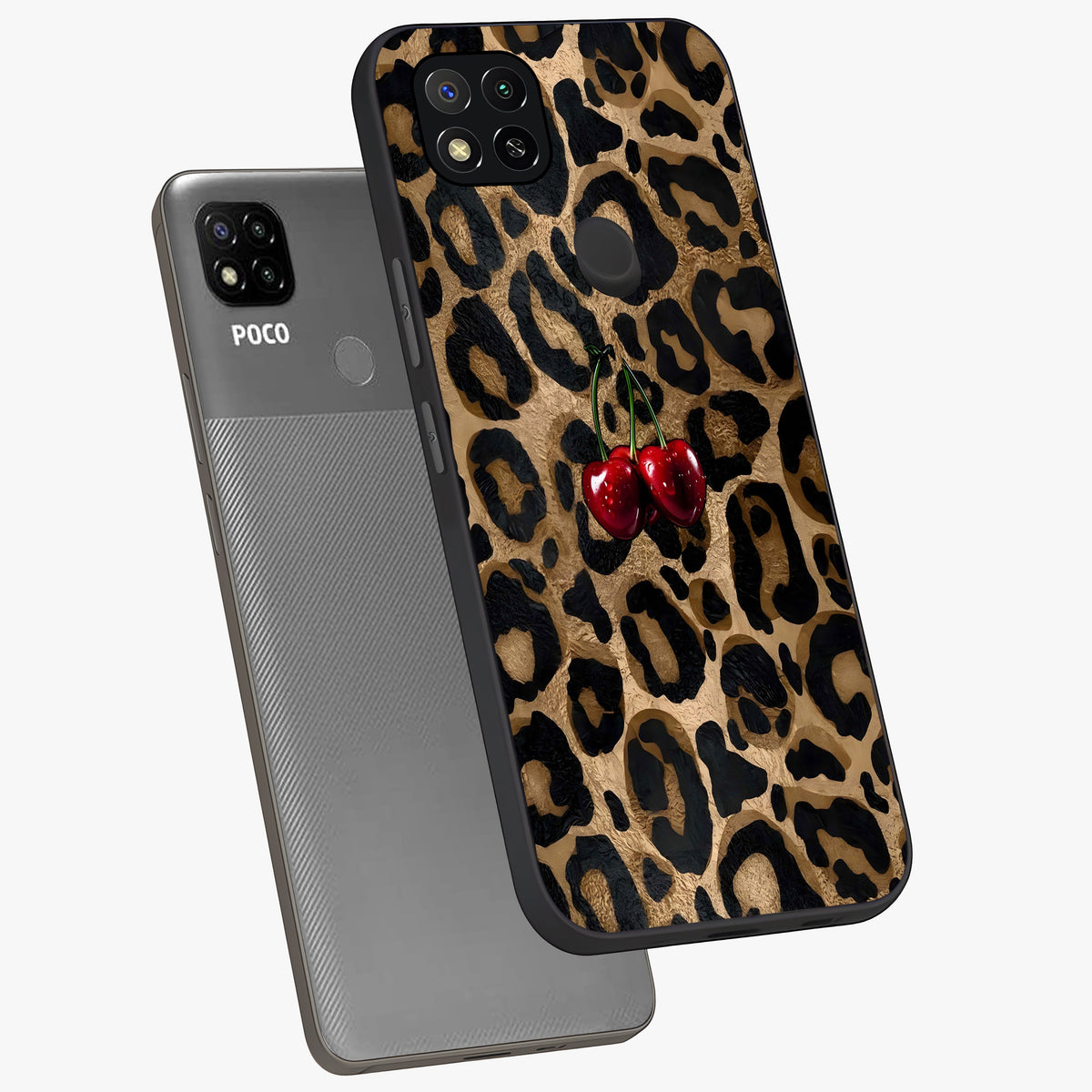 Leopard Wild Cherry Glass Case displayed in angled mockup highlighting bold animal print design with playful cherry aesthetic.