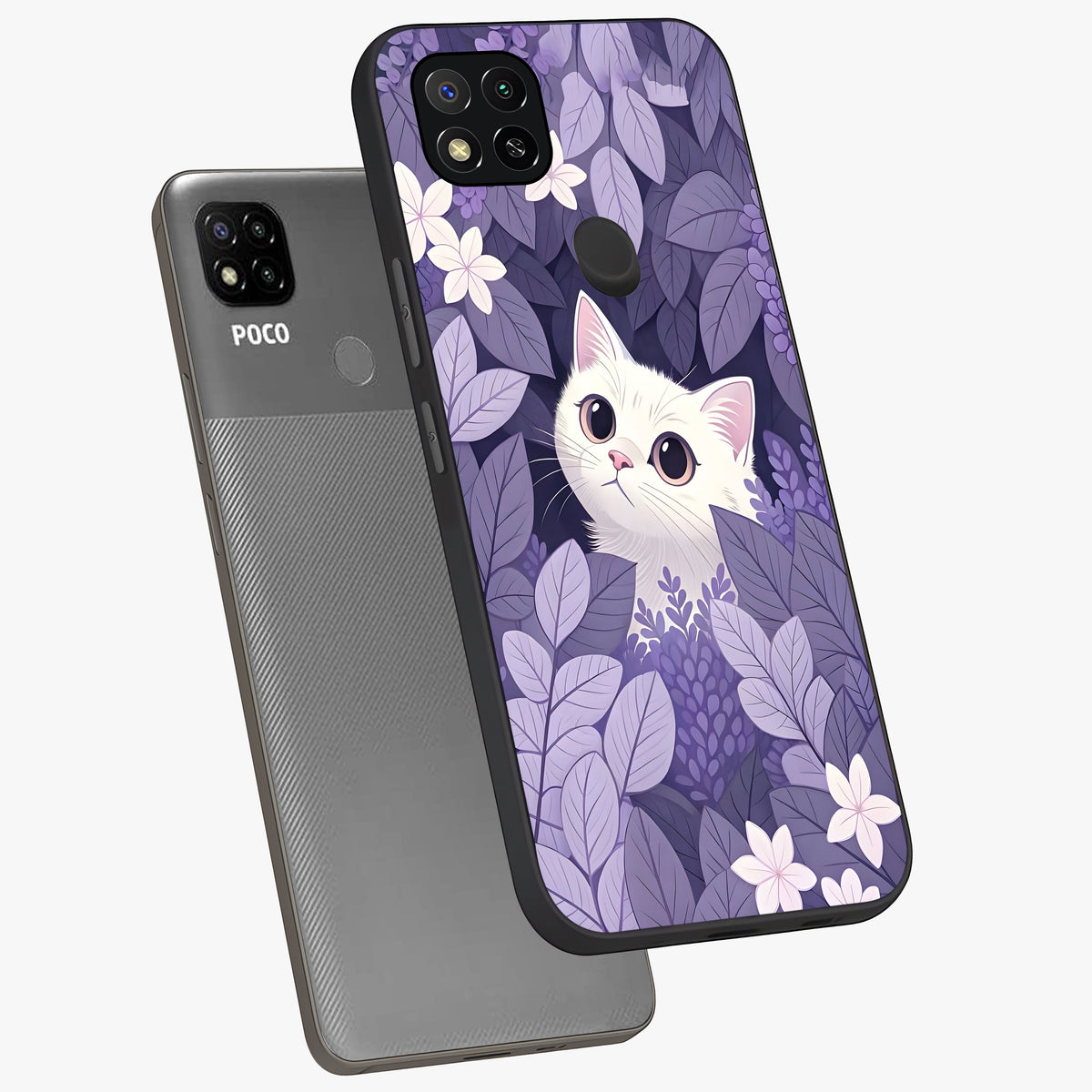 Lilac Hide Peek Cat Glass Case displayed in angled mockup highlighting playful feline illustration with lilac aesthetic design.