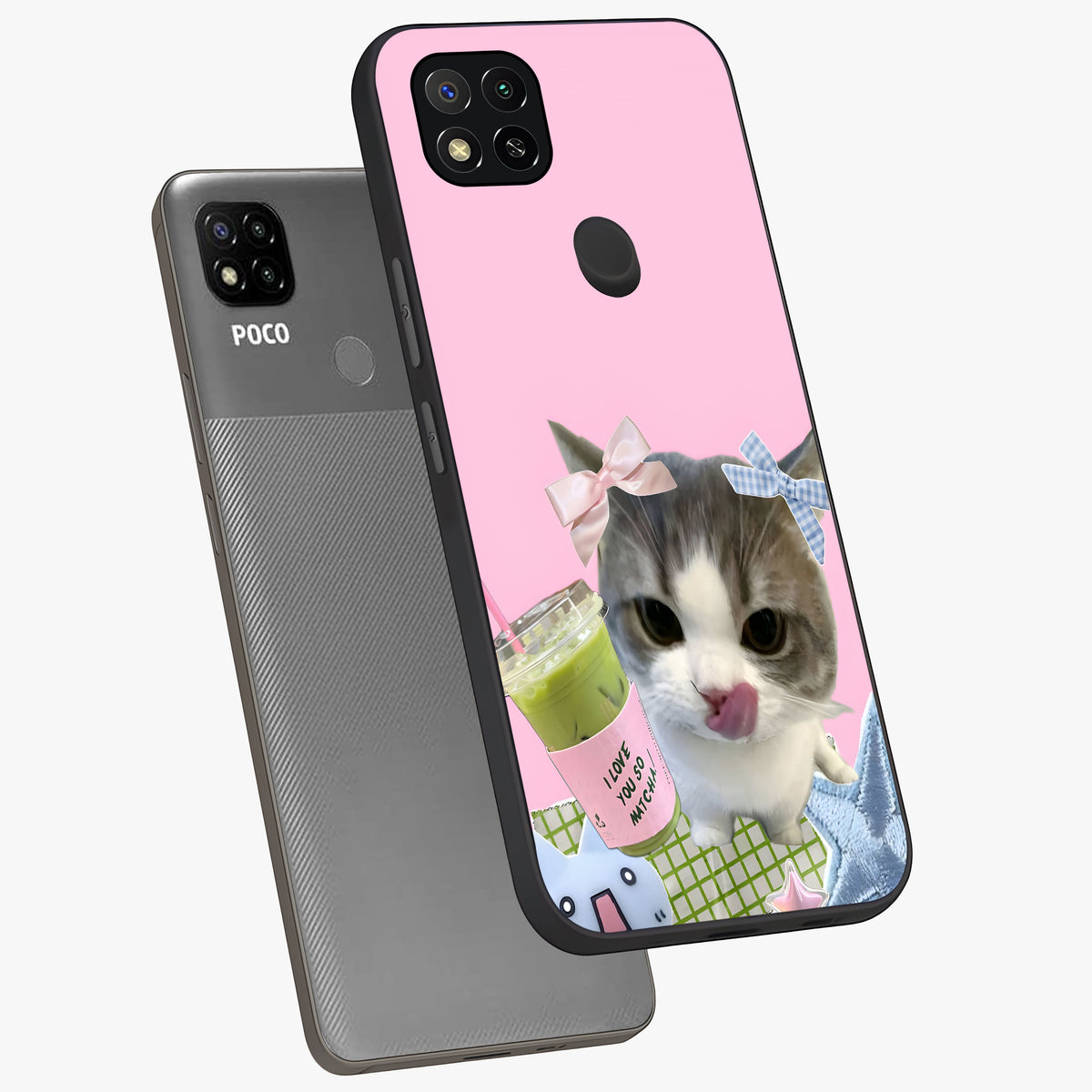 Love Matcha Cat Glass Case displayed in angled mockup highlighting playful feline illustration with cozy matcha aesthetic.
