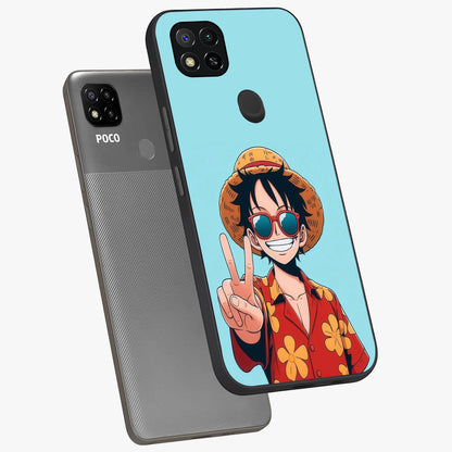 Luffy Summer Anime Vibe Glass Case displayed in angled mockup highlighting energetic anime illustration with summer vibe aesthetic.