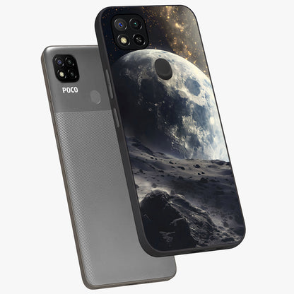 Lunar Horizon Glow Glass Case displayed in angled mockup highlighting celestial moon design with dreamy night aesthetic.