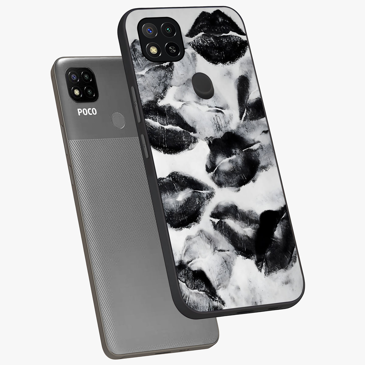 Midnight Kiss Marks Glass Case displayed in angled mockup highlighting playful romantic design with bold midnight aesthetic.