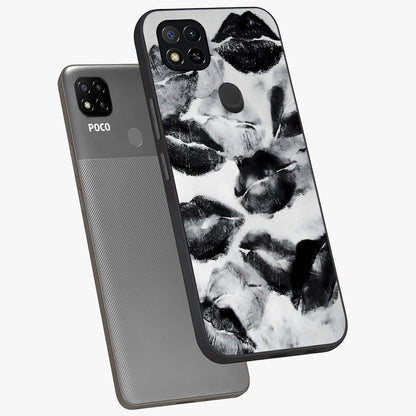 Midnight Kiss Marks Glass Case displayed in angled mockup highlighting playful romantic design with bold midnight aesthetic.