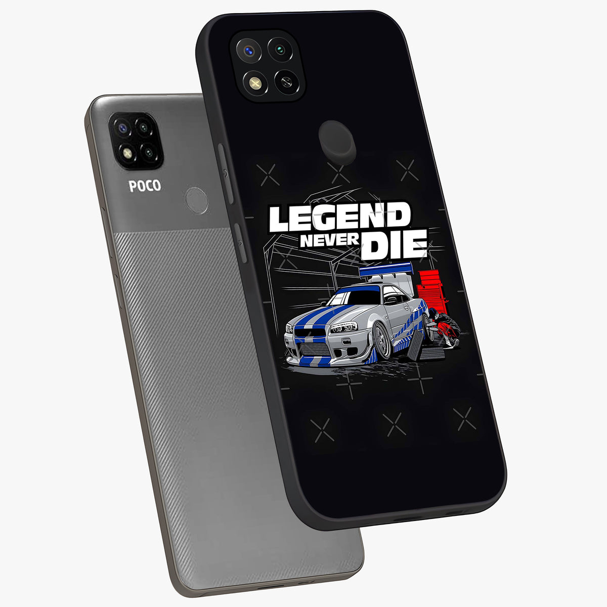 Midnight Racing Legacy Glass Case displayed in angled mockup highlighting dynamic automotive design with bold midnight aesthetic.