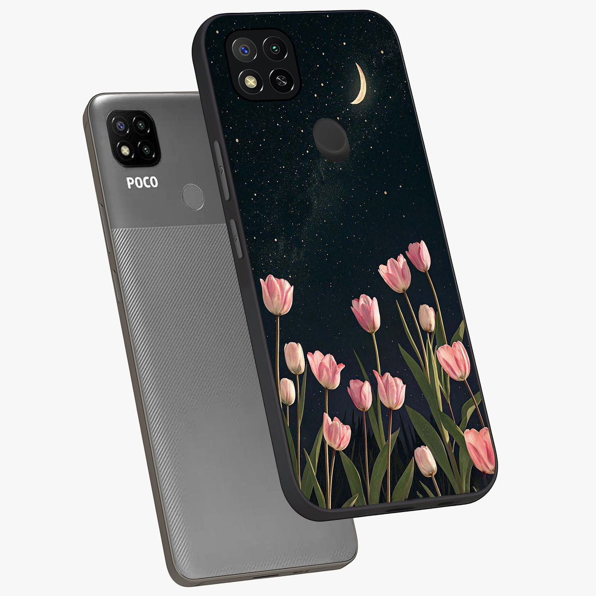 Midnight Tulip Whispers Vibe Glass Case displayed in angled mockup highlighting delicate tulip design with midnight floral aesthetic.