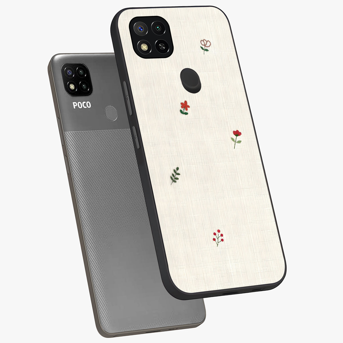 Minimal Petal Whispers Glass Case displayed in angled mockup highlighting delicate petal design with clean minimal aesthetic.