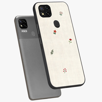 Minimal Petal Whispers Glass Case displayed in angled mockup highlighting delicate petal design with clean minimal aesthetic.
