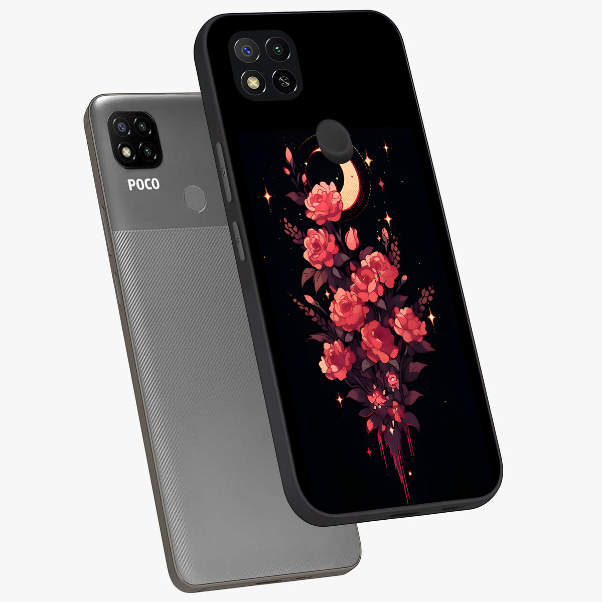 Moonlit Floral Elegance Glass Case displayed in angled mockup highlighting graceful flower design with soft moonlight aesthetic.