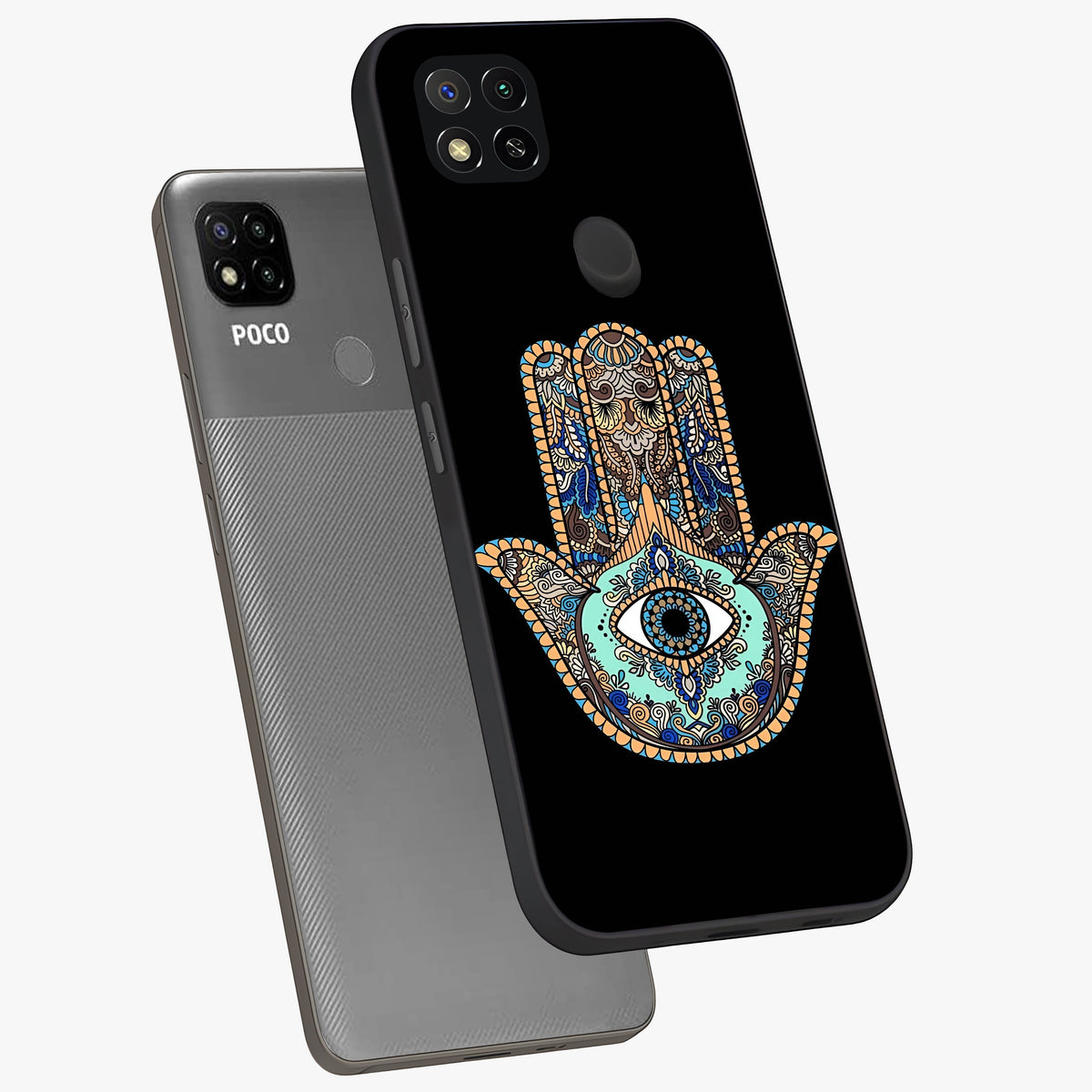 Mystic Hamsa Eye Glass Case displayed in angled mockup highlighting spiritual hamsa symbol with mystical aesthetic style.