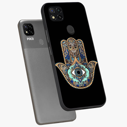 Mystic Hamsa Eye Glass Case displayed in angled mockup highlighting spiritual hamsa symbol with mystical aesthetic style.
