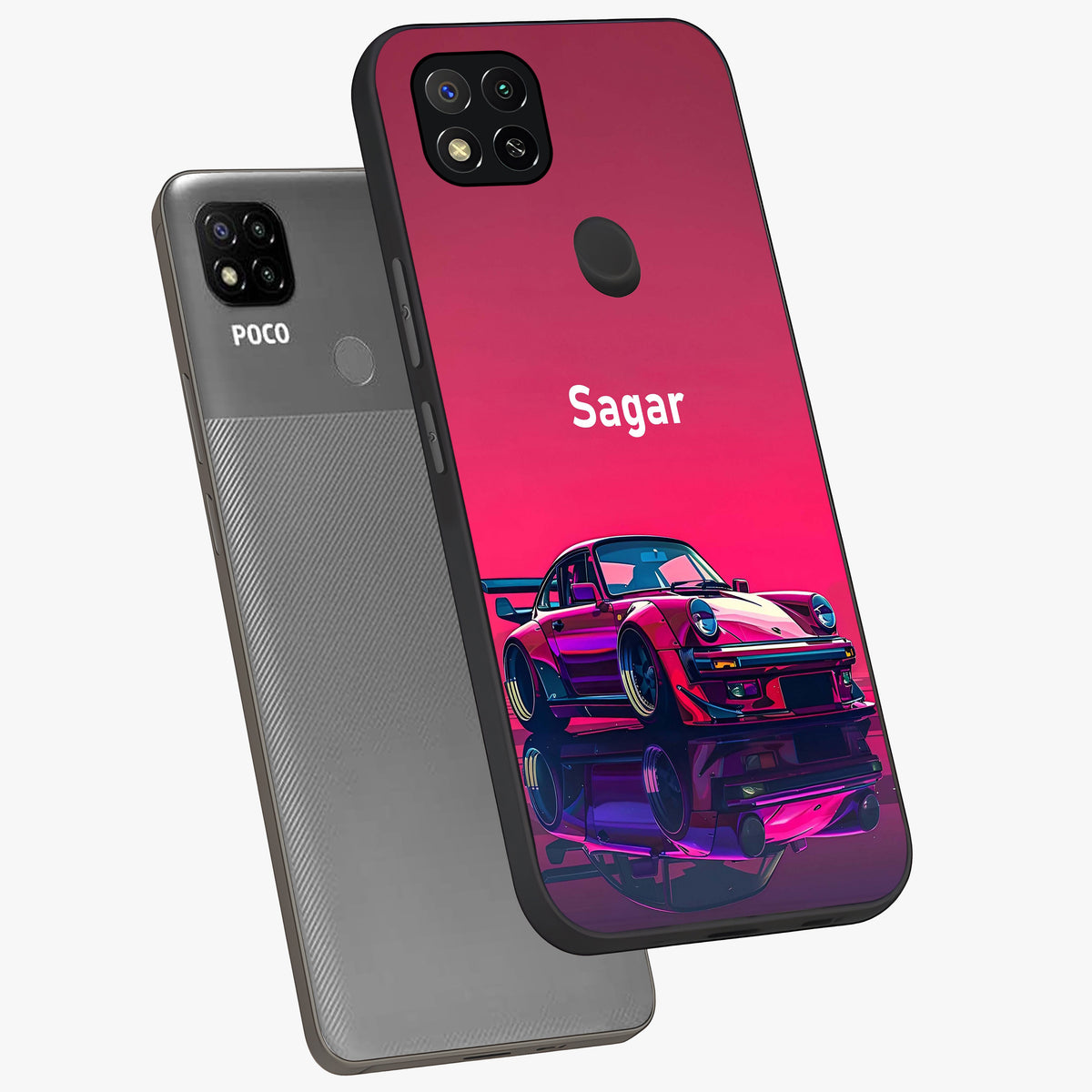 Neon Pink Porsche Glass Case displayed in angled mockup highlighting sleek neon pink car design with racing aesthetic.