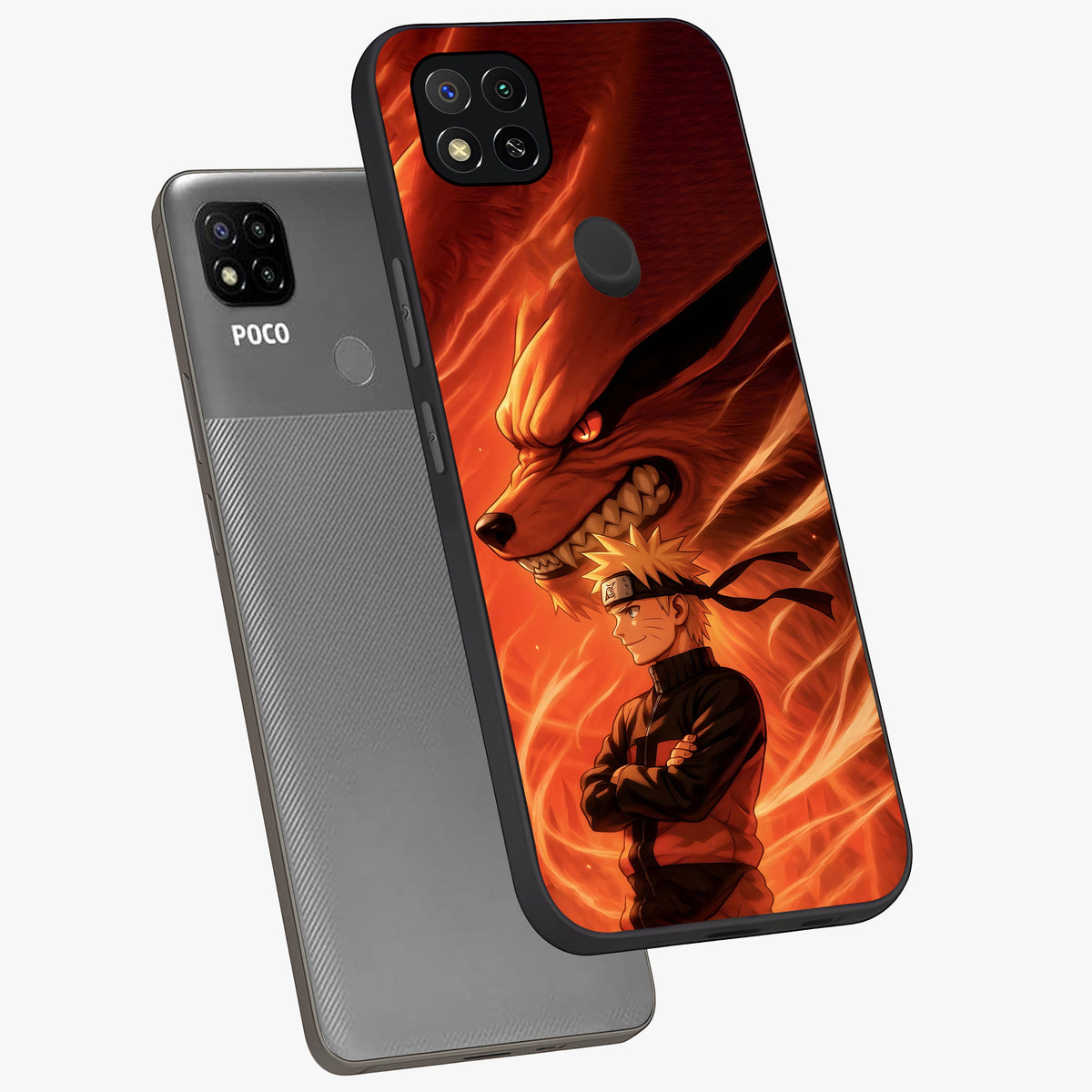 Nine Tails Legacy Glass Case displayed in angled mockup highlighting dynamic anime beast illustration with bold mystical aesthetic.