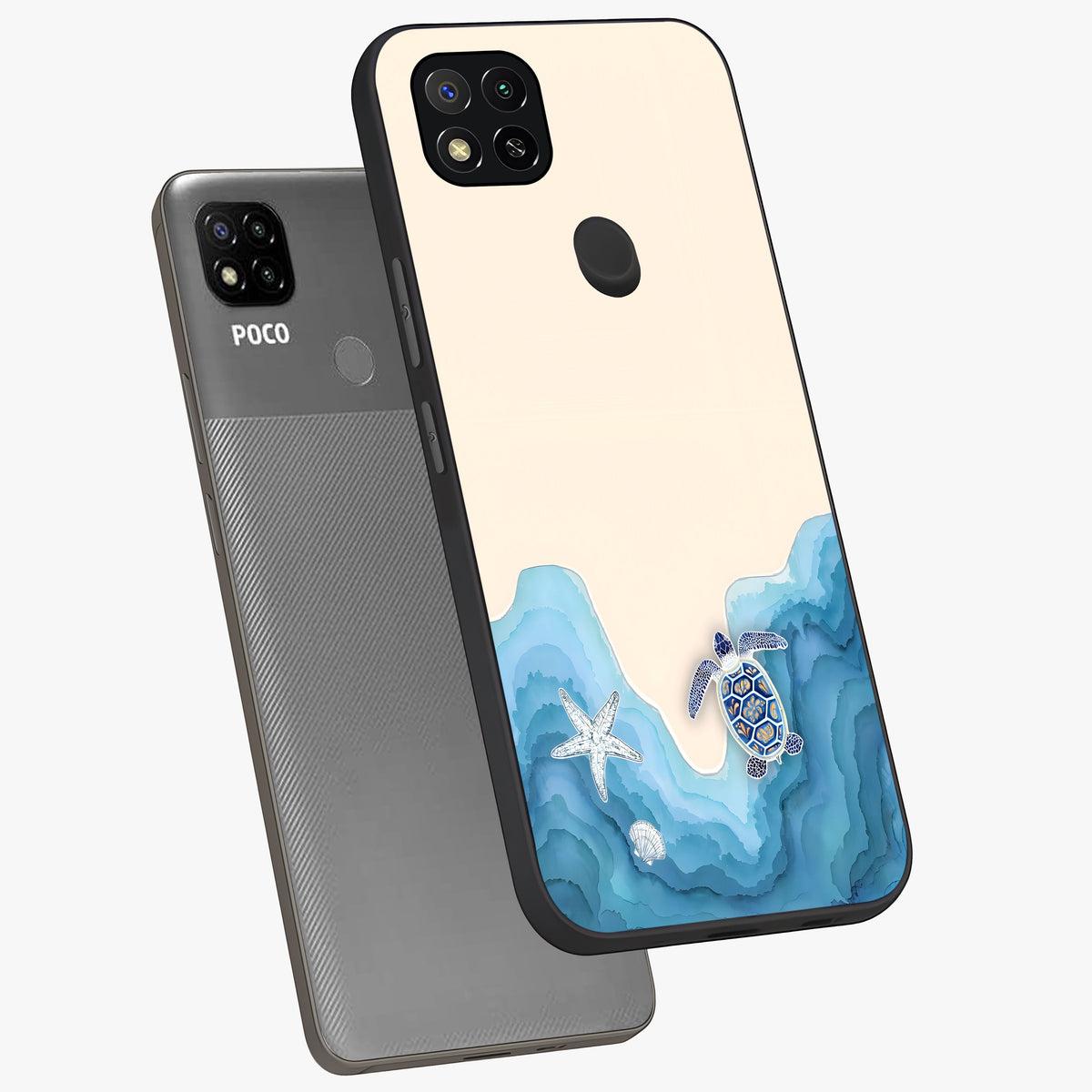 Ocean Drift Turtle Glass Case displayed in angled mockup highlighting peaceful ocean turtle illustration with marine aesthetic.