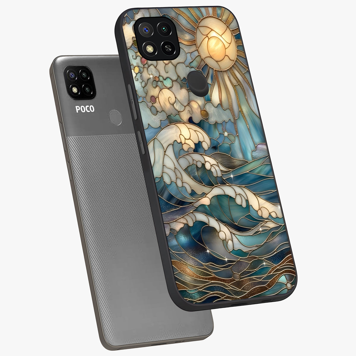 Oceanic Stained Printed Glass Case displayed in angled mockup highlighting colorful aquatic design with artistic aesthetic style.