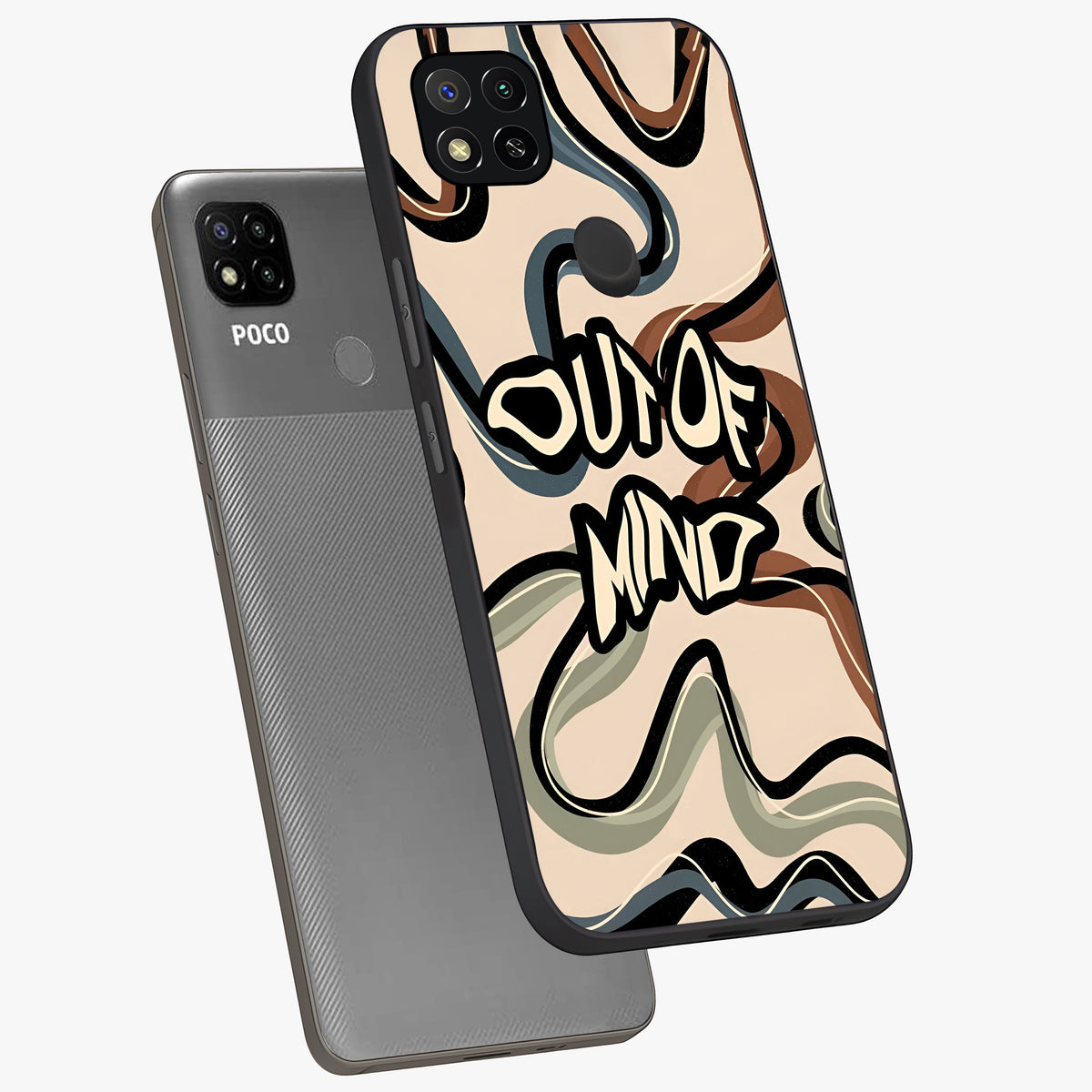 Out Of Mind Glass Case displayed in angled mockup highlighting bold statement design with modern artistic aesthetic.