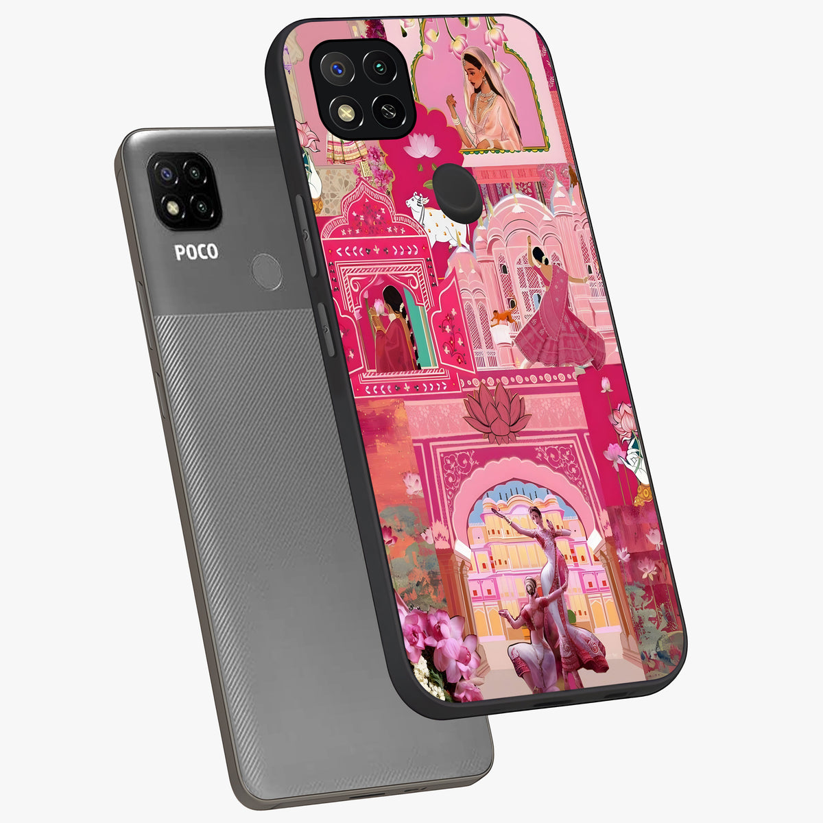 Pink Palace Muse Glass Case displayed in angled mockup highlighting dreamy palace illustration with soft pink aesthetic.