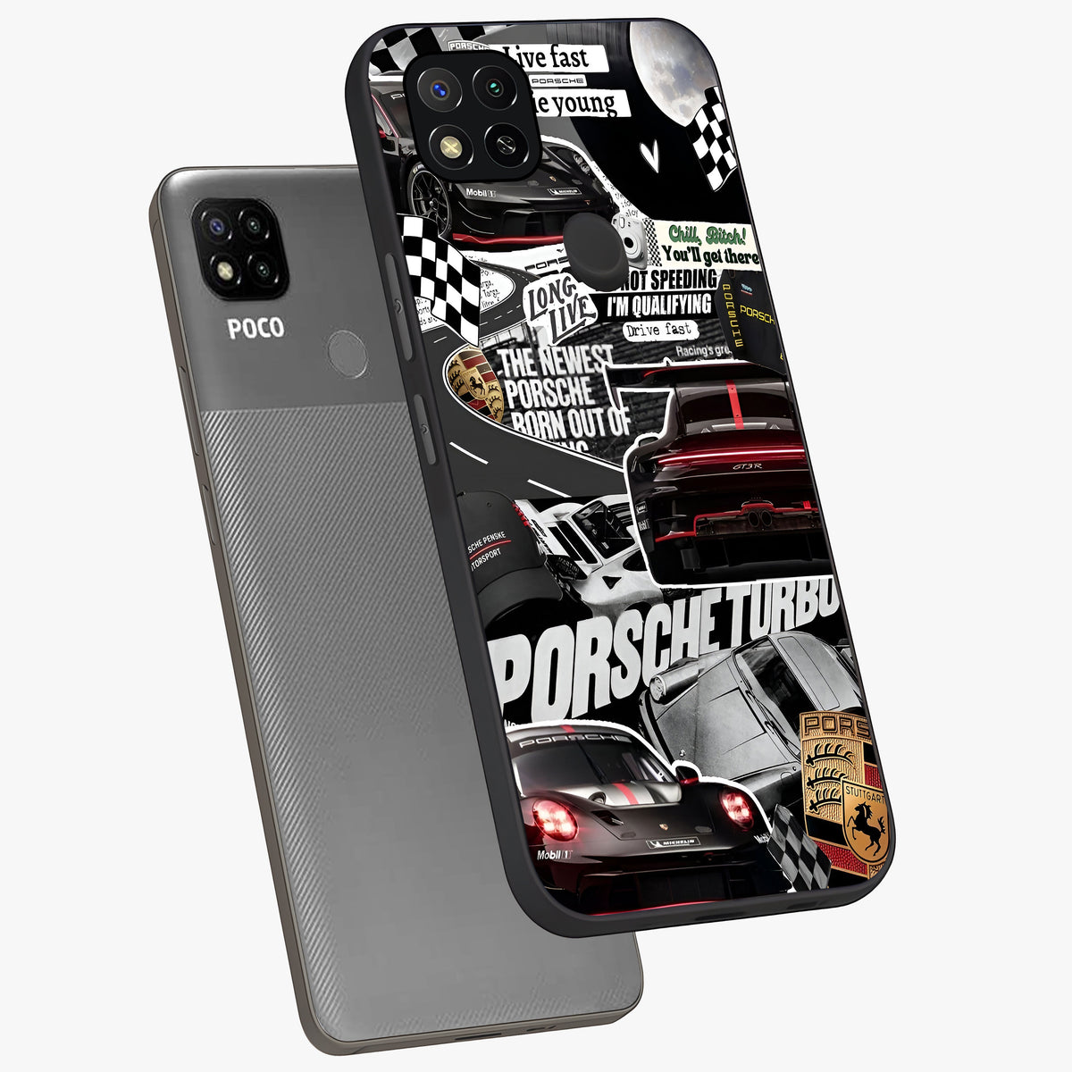 Porsche Racing Collage Glass Case displayed in angled mockup highlighting dynamic automotive design with bold racing aesthetic.