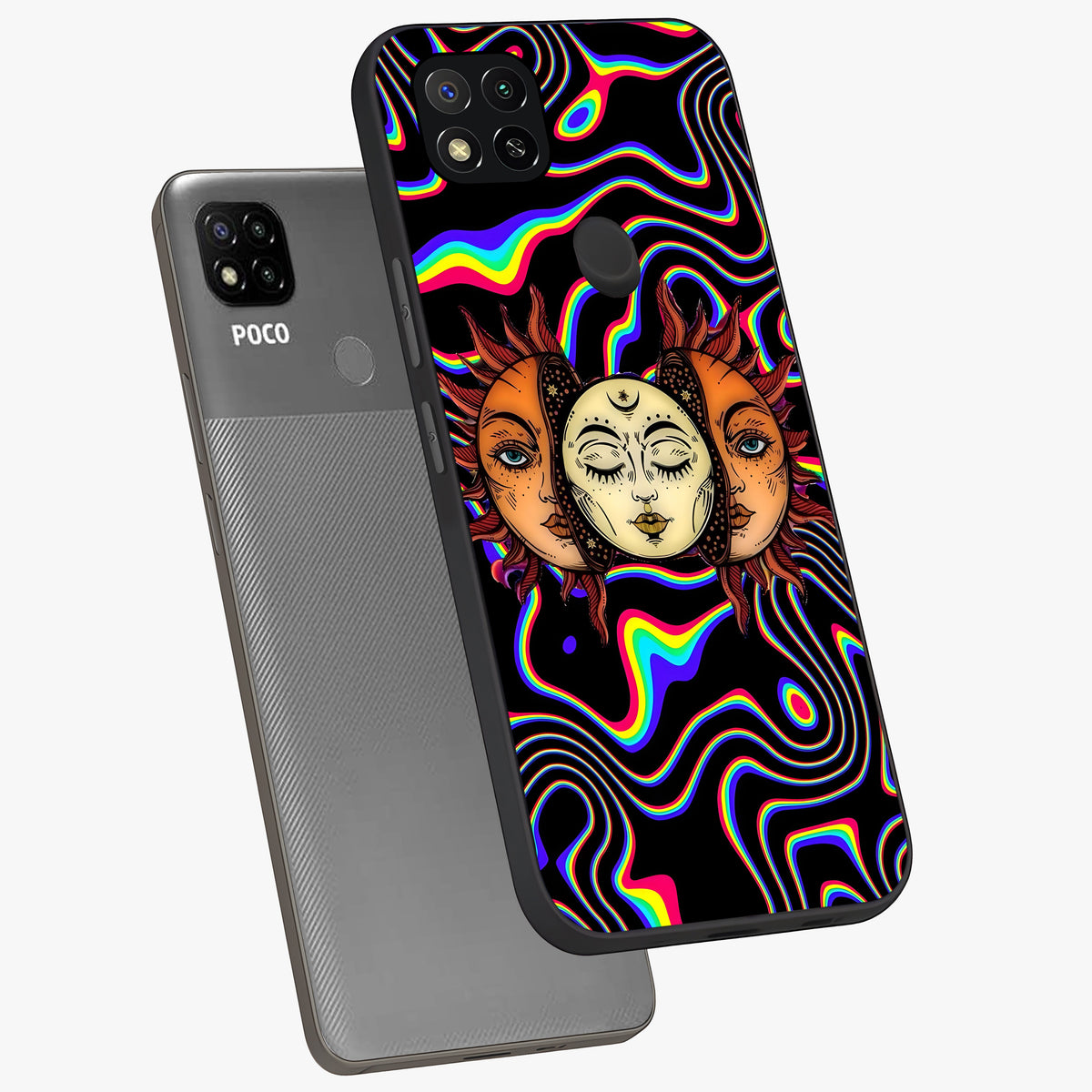 Psychedelic Sun Glass Case displayed in angled mockup highlighting vibrant abstract sun design with artistic aesthetic style.