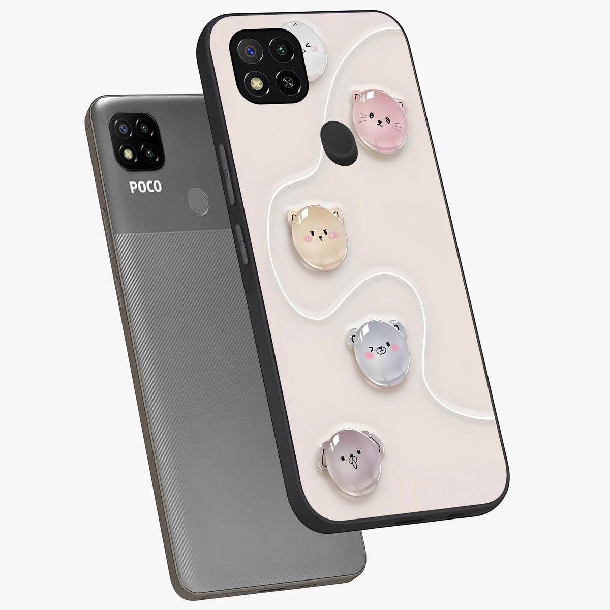Puffy Face Parade Glass Case displayed in angled mockup highlighting playful cartoon face design with fun aesthetic.