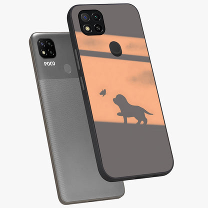 Puppy Shadow Art Glass Case displayed in angled mockup highlighting playful dog illustration with artistic shadow aesthetic.