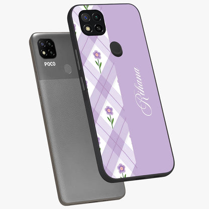 Purple Diamond Floral Glass Case displayed in angled mockup highlighting elegant purple flower design with decorative pattern.