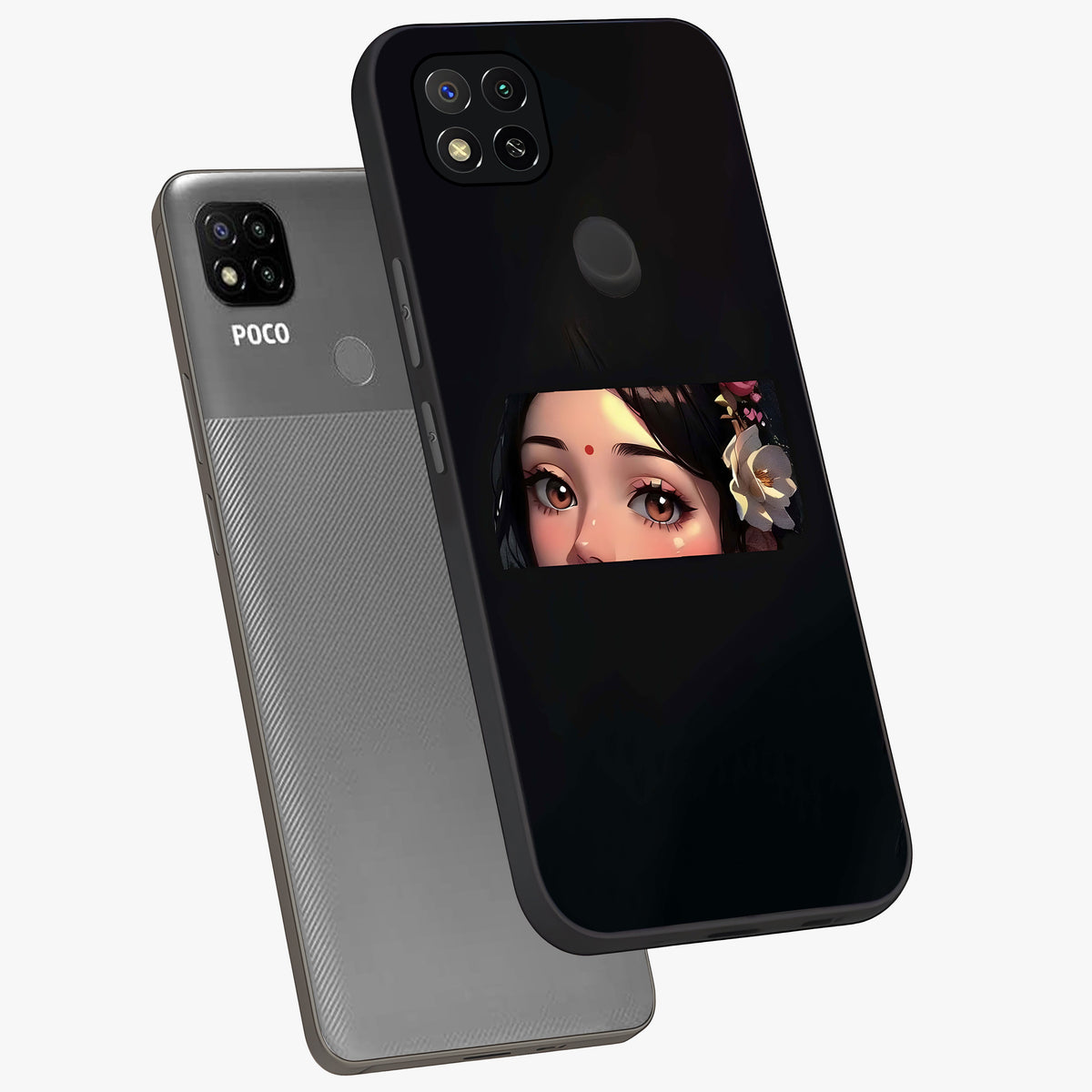 Radha Divine Embrace Glass Case displayed in angled mockup highlighting graceful spiritual illustration with divine aesthetic.