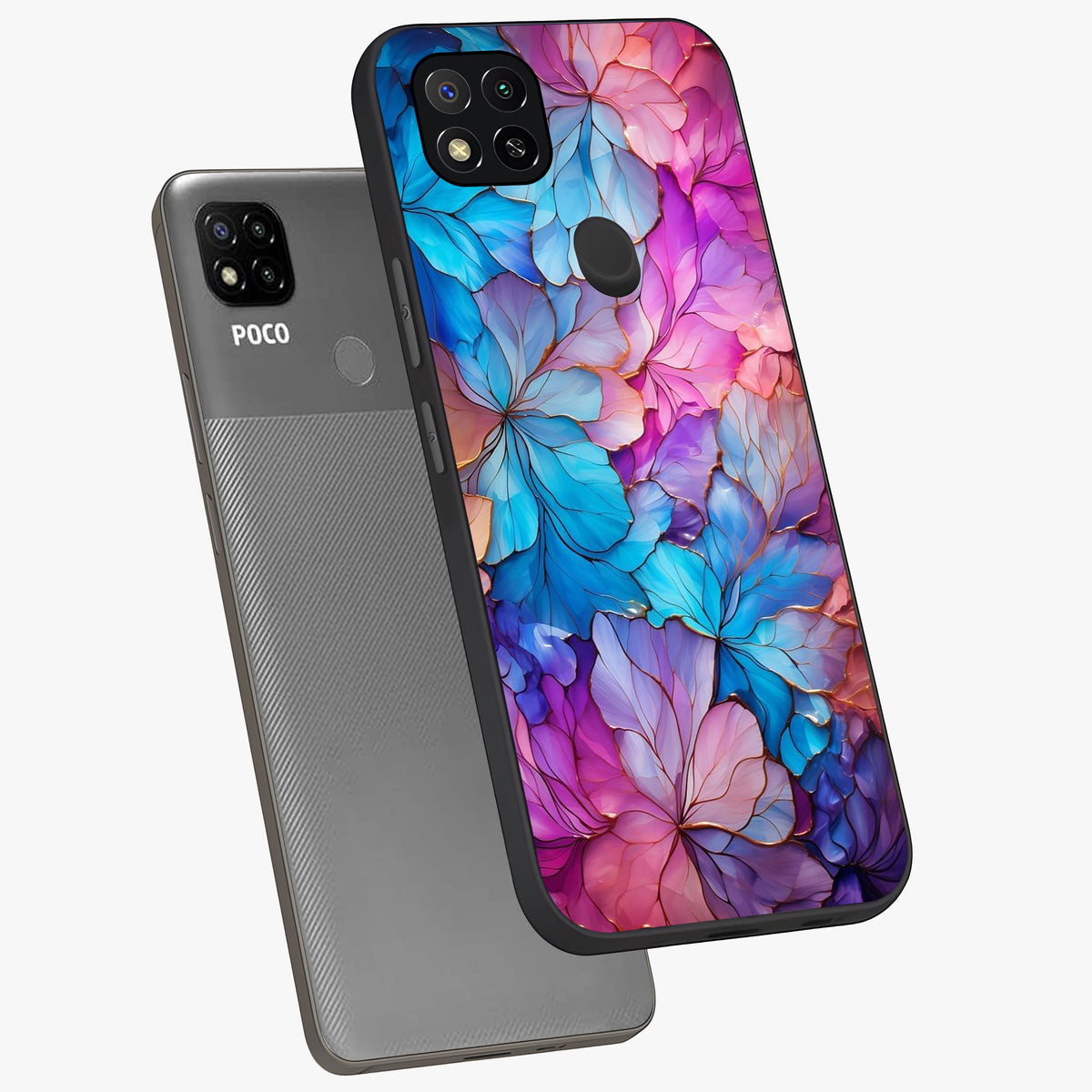 Radiant Floral Whirl Glass Case displayed in angled mockup highlighting vibrant flower pattern with dynamic artistic aesthetic.