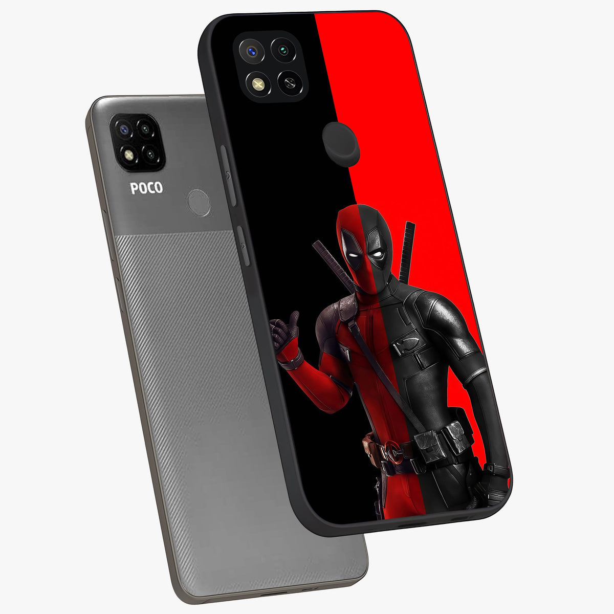 Red & Black Deadpool Theme Glass Case displayed in angled mockup highlighting vibrant superhero style illustration with action aesthetic.