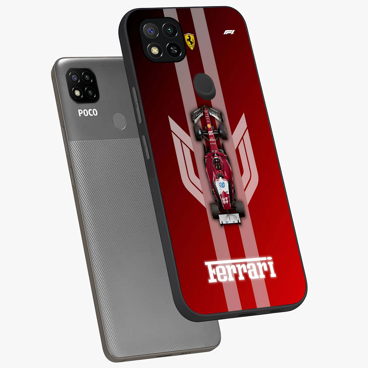 Red Ferrari F1 Vertical Glass Case displayed in angled mockup highlighting high speed racing design with bold automotive aesthetic.