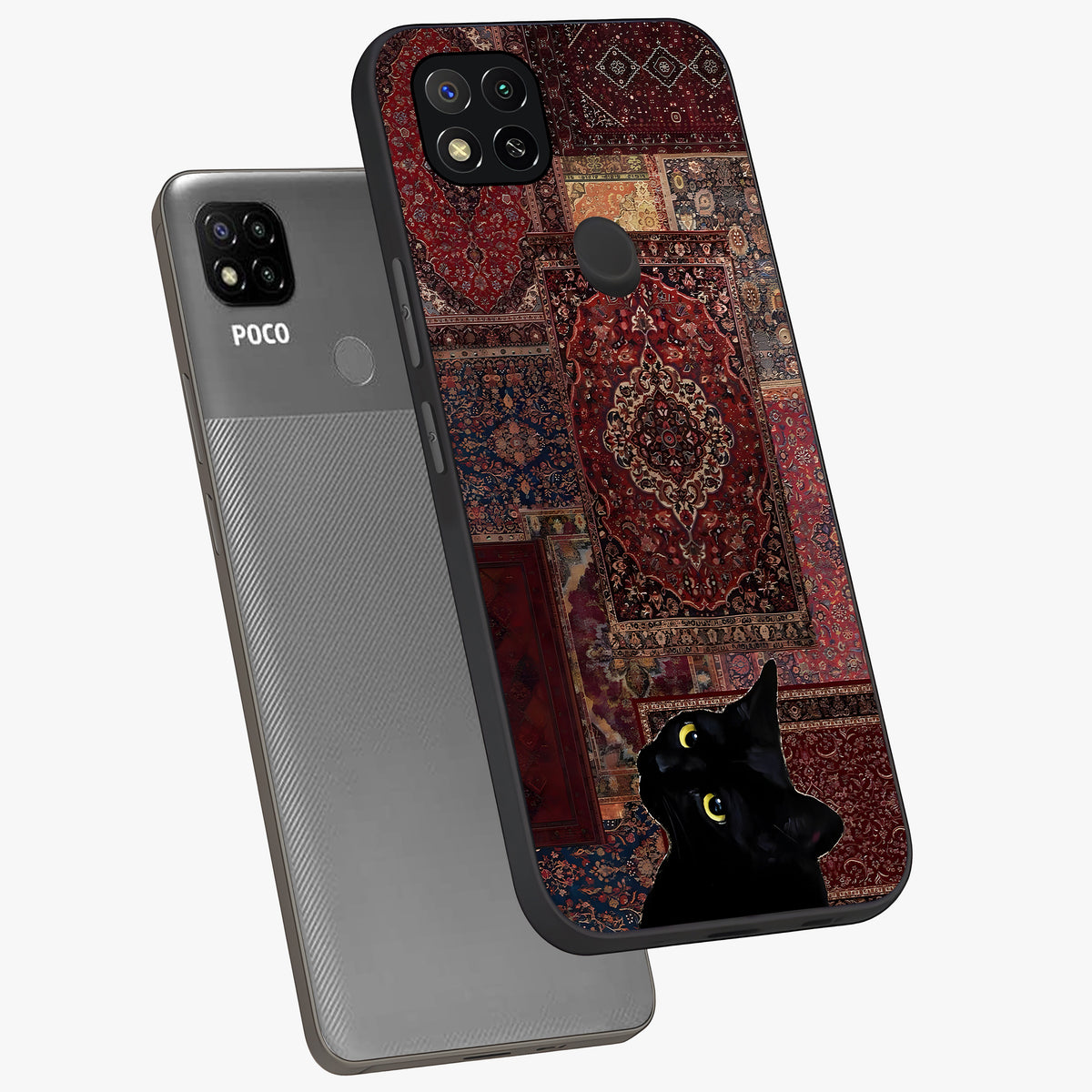 Regal Magic Cat Apple Glass Case displayed in angled mockup highlighting whimsical feline design with fantasy aesthetic.