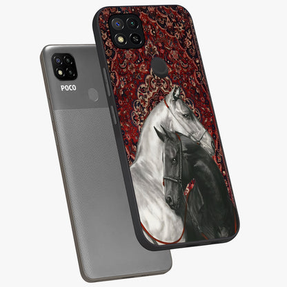 Regal Stallion Tapestry Glass Case displayed in angled mockup highlighting royal stallion design with decorative heritage aesthetic.