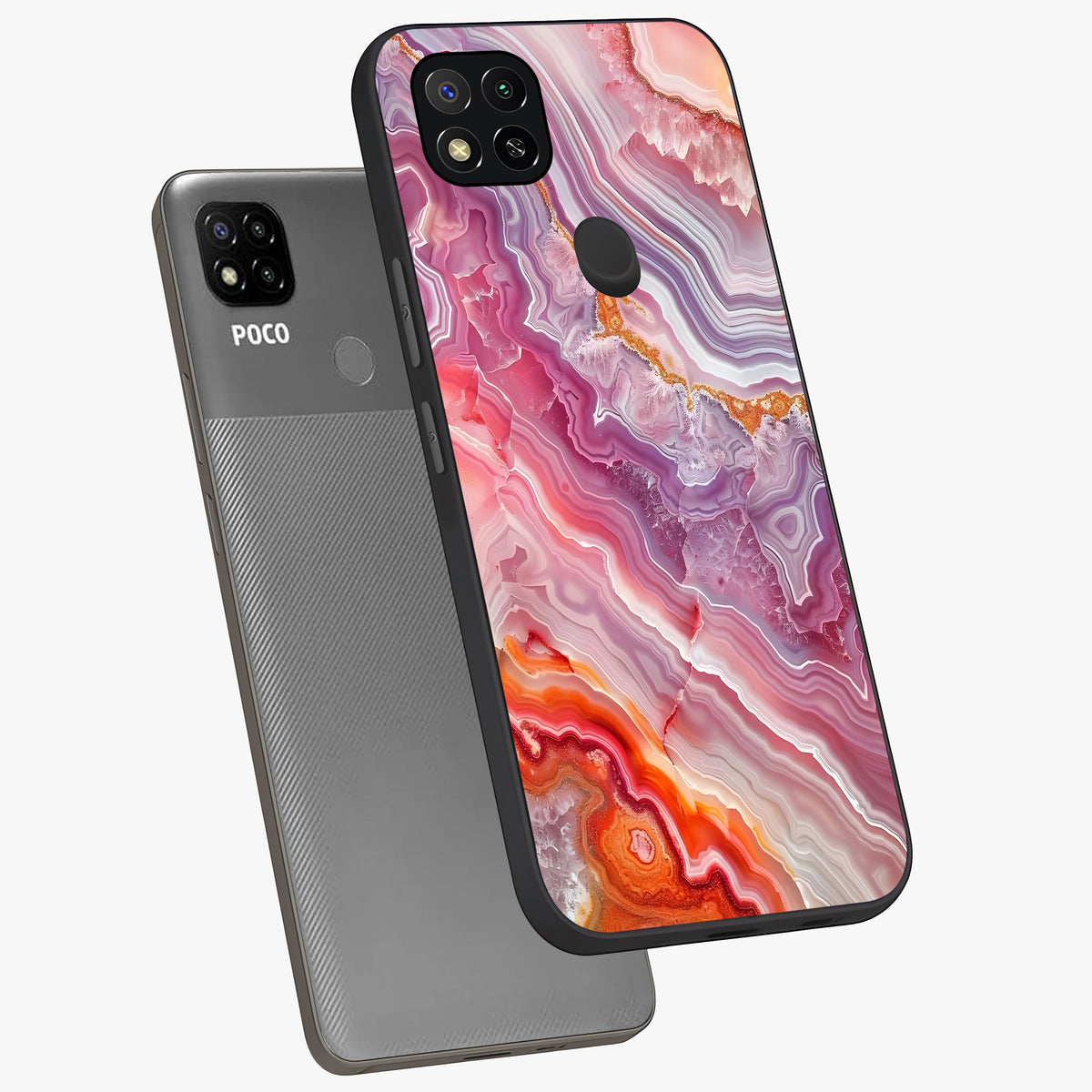 Rose Quartz Marble Glass Case displayed in angled mockup highlighting elegant marble pattern with soft aesthetic style.