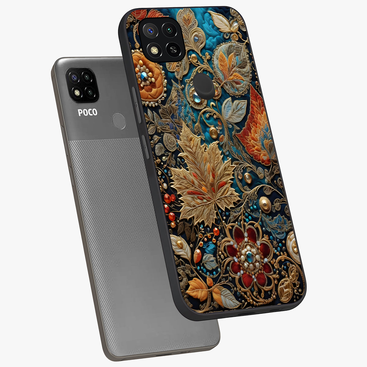 Royal Jewel Garden Glass Case displayed in angled mockup highlighting vibrant jewel inspired floral design with elegant aesthetic.