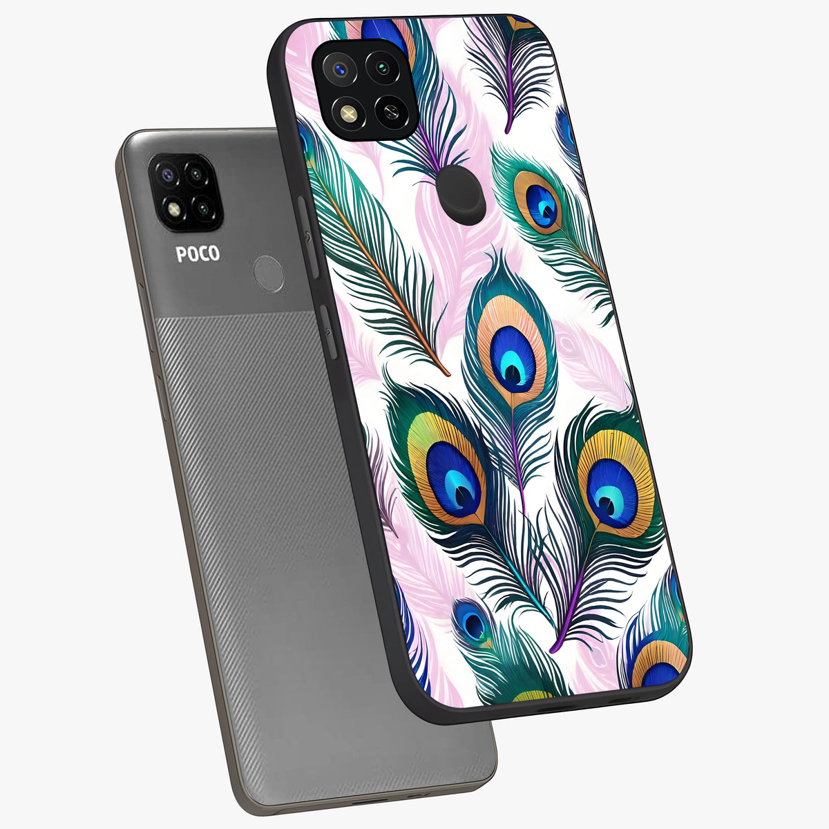 Royal Peacock Feathers Glass Case displayed in angled mockup highlighting vibrant feather pattern with regal aesthetic style.