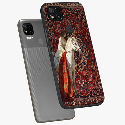 Royal Rider Tapestry Glass Case displayed in angled mockup highlighting traditional tapestry design with royal heritage aesthetic.