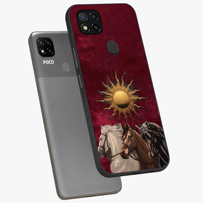 Solar Riders Glass Case displayed in angled mockup highlighting powerful rider illustration with radiant solar aesthetic.