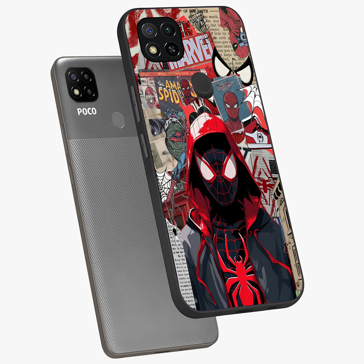 Spider Collage Street Glass Case displayed in angled mockup highlighting dynamic street style collage design with comic aesthetic.