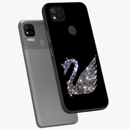 Starlit Swan Grace Glass Case displayed in angled mockup highlighting elegant swan illustration with dreamy celestial aesthetic.