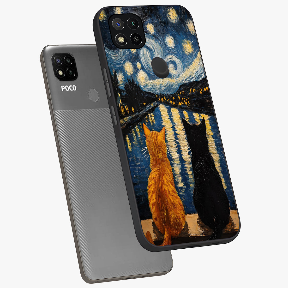 Starry River Cats Glass Case displayed in angled mockup highlighting charming feline illustration with dreamy night aesthetic.