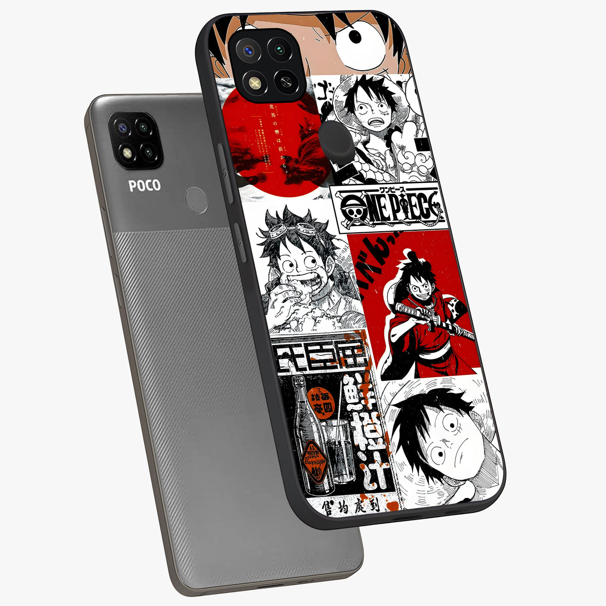 Strawhat Chaos Panels Glass Case displayed in angled mockup highlighting vibrant anime collage design with action aesthetic.