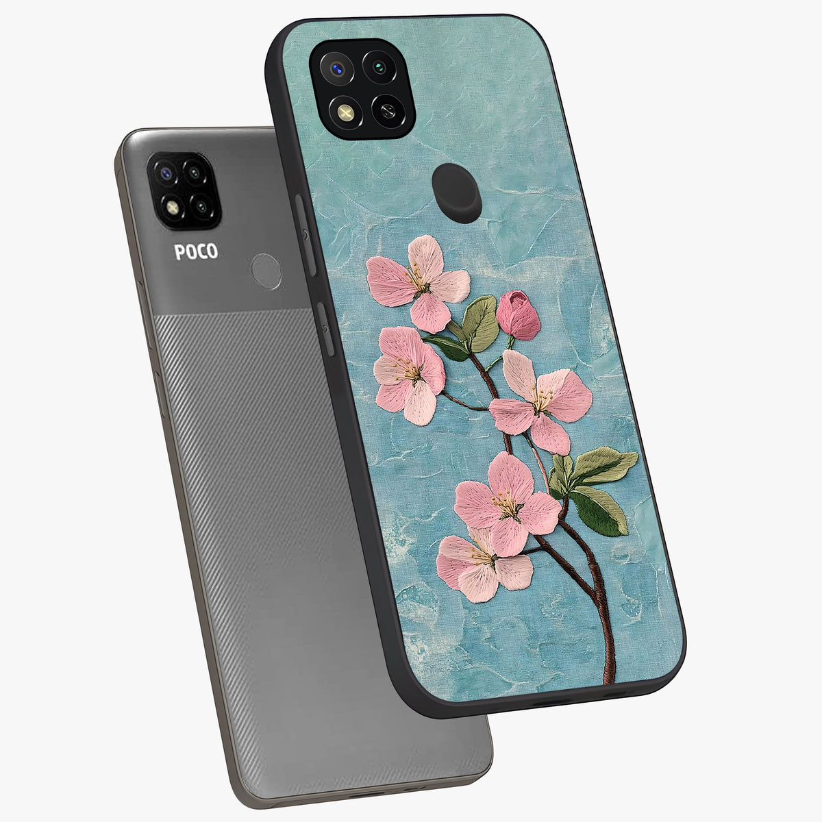 Threaded Blossom Breeze Glass Case displayed in angled mockup highlighting elegant floral design with soft aesthetic style.