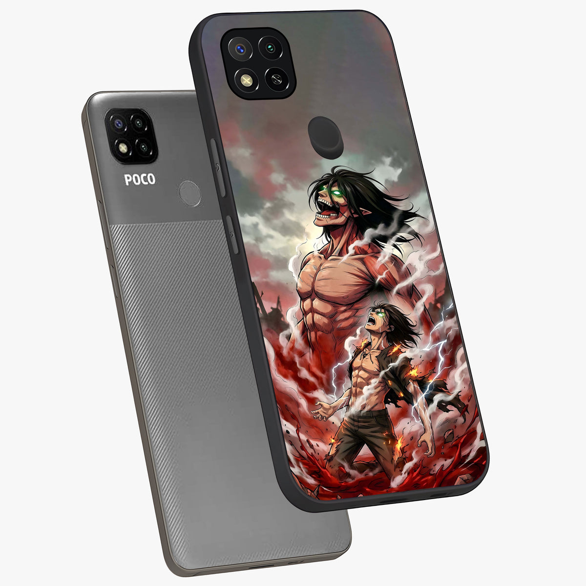 Titan Awakening Fury Glass Case displayed in angled mockup highlighting dramatic giant warrior design with bold anime aesthetic.