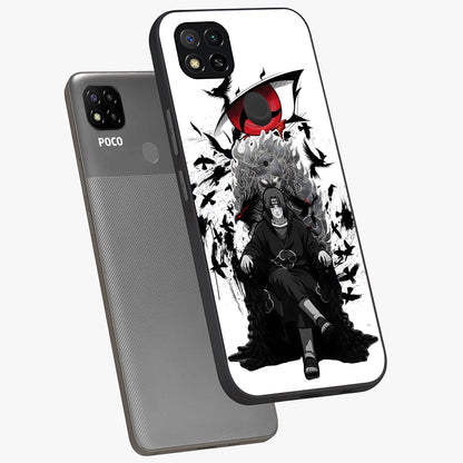 Uchiha Shadow Throne Glass Case displayed in angled mockup highlighting glowing aquatic design with celestial aesthetic.