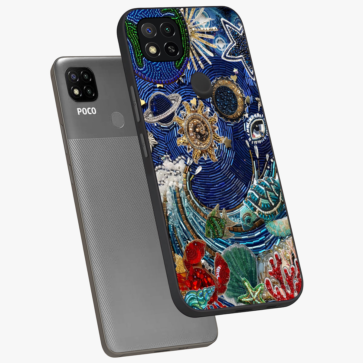 Universe Underwater Spark Glass Case displayed in angled mockup highlighting glowing aquatic design with celestial aesthetic.