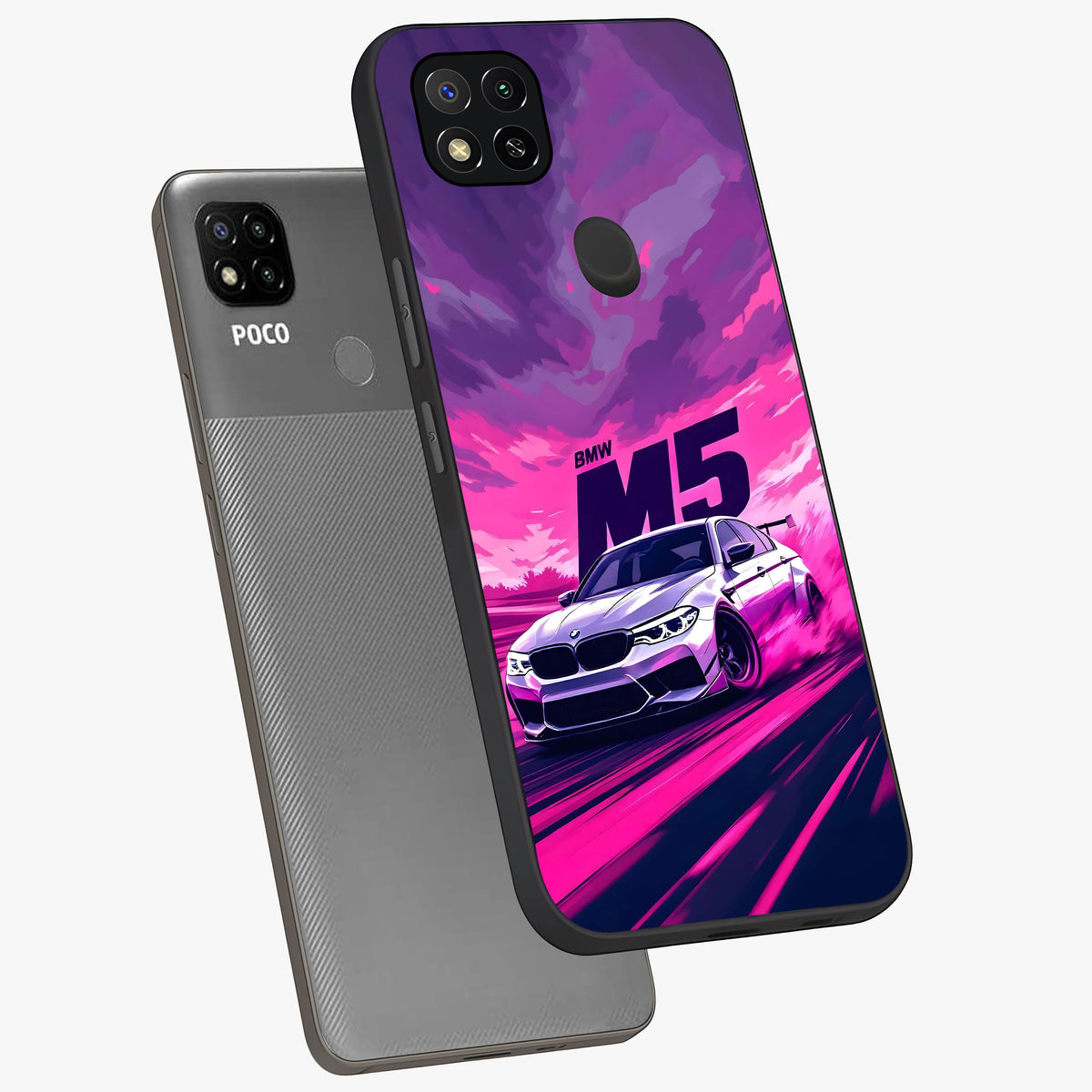 Velocity Drift Pulse Glass Case displayed in angled mockup highlighting dynamic drift design with sporty automotive aesthetic.